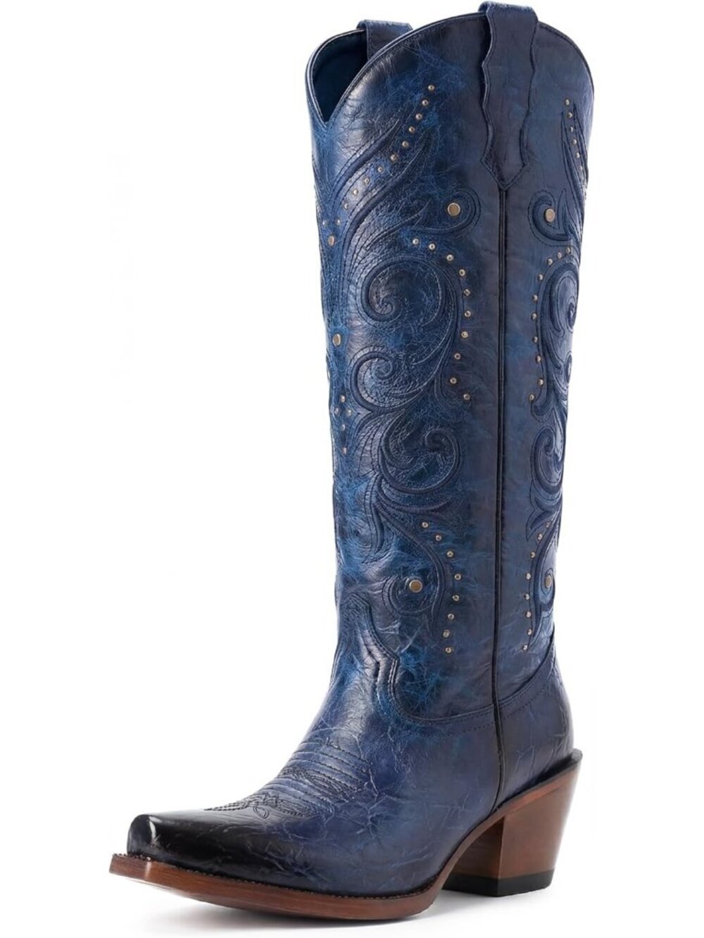 Women's Blue Embroidered Pointed Toe Side Zipper Retro Chunky Heel Cowgirl Boots